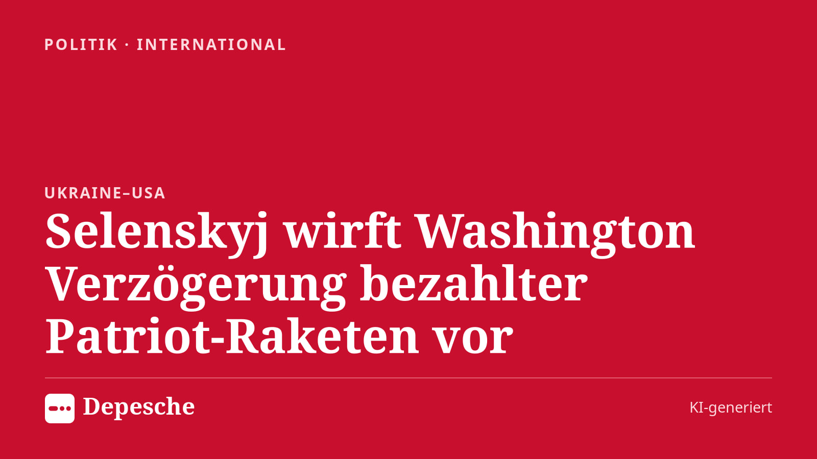 Politik: Selenskyj wirft Washington Verzögerung bezahlter Patriot-Raketen vor