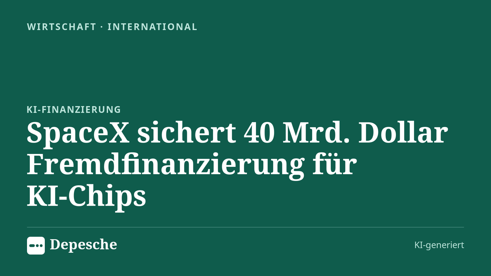 Wirtschaft: SpaceX sichert 40 Mrd. Dollar Fremdfinanzierung für KI‑Chips