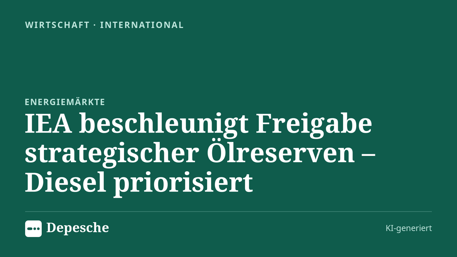 Wirtschaft: IEA beschleunigt Freigabe strategischer Ölreserven – Diesel priorisiert